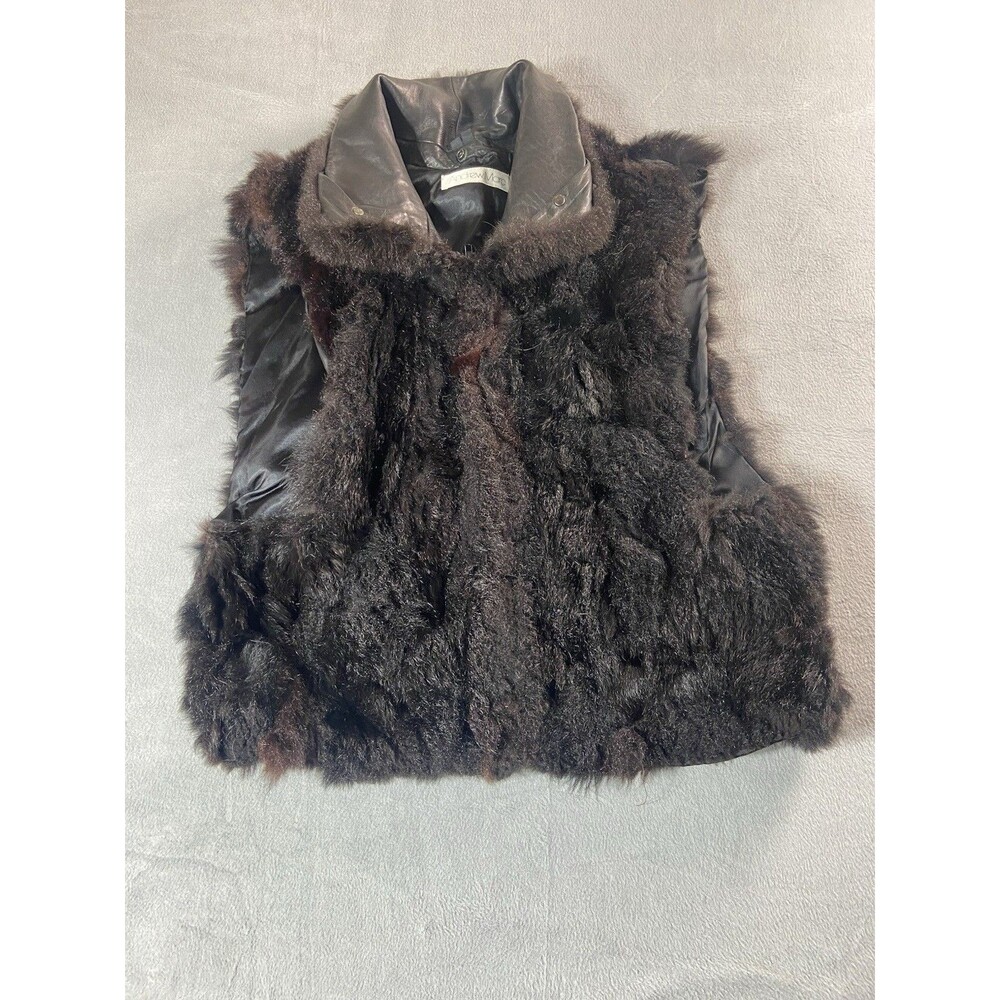 Vintage Andrew Marc New Zealand Opossum Fur Vest Coat Full Zip Leather Trim Sz L